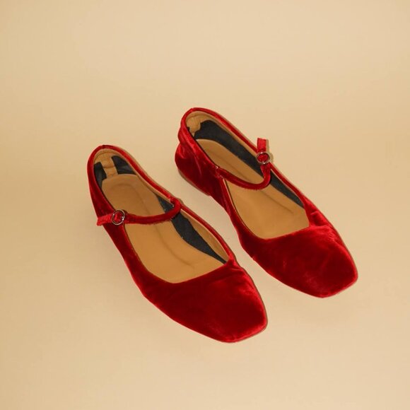 Aeyde Uma Red Velvet Mary Jane Flats - Size 38 - Picture 2 of 8